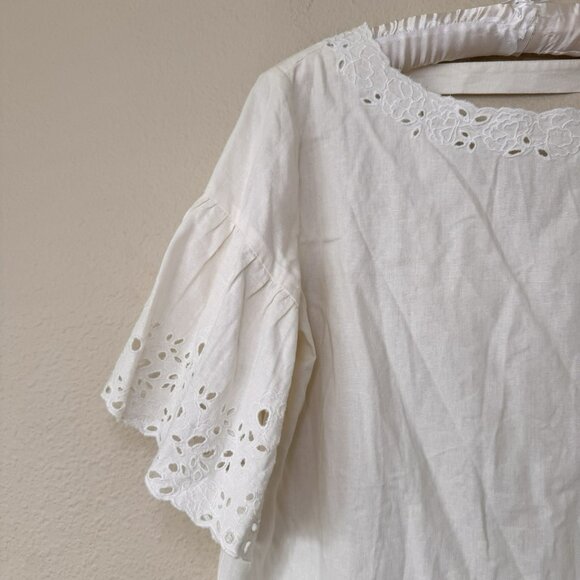 LOFT Blouse White Embroidered Eyelet Short Sleeve Size Medium Linen - Picture 8 of 14